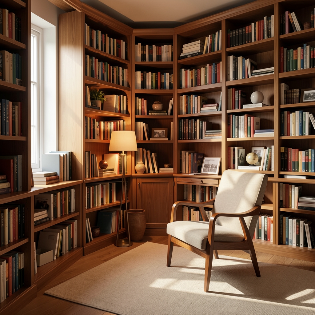 Interior of a well-organised personal study with floor-to-ceiling bookshelves, a wooden reading chair, and warm lamp light casting long shadows