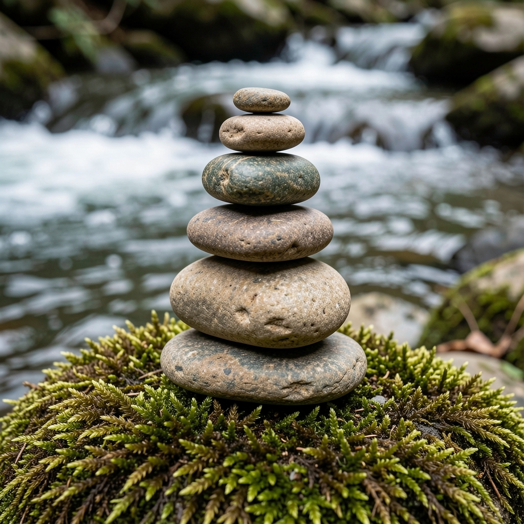 Still life of smooth river stones arranged in a careful balancing stack on a mossy surface near flowing water