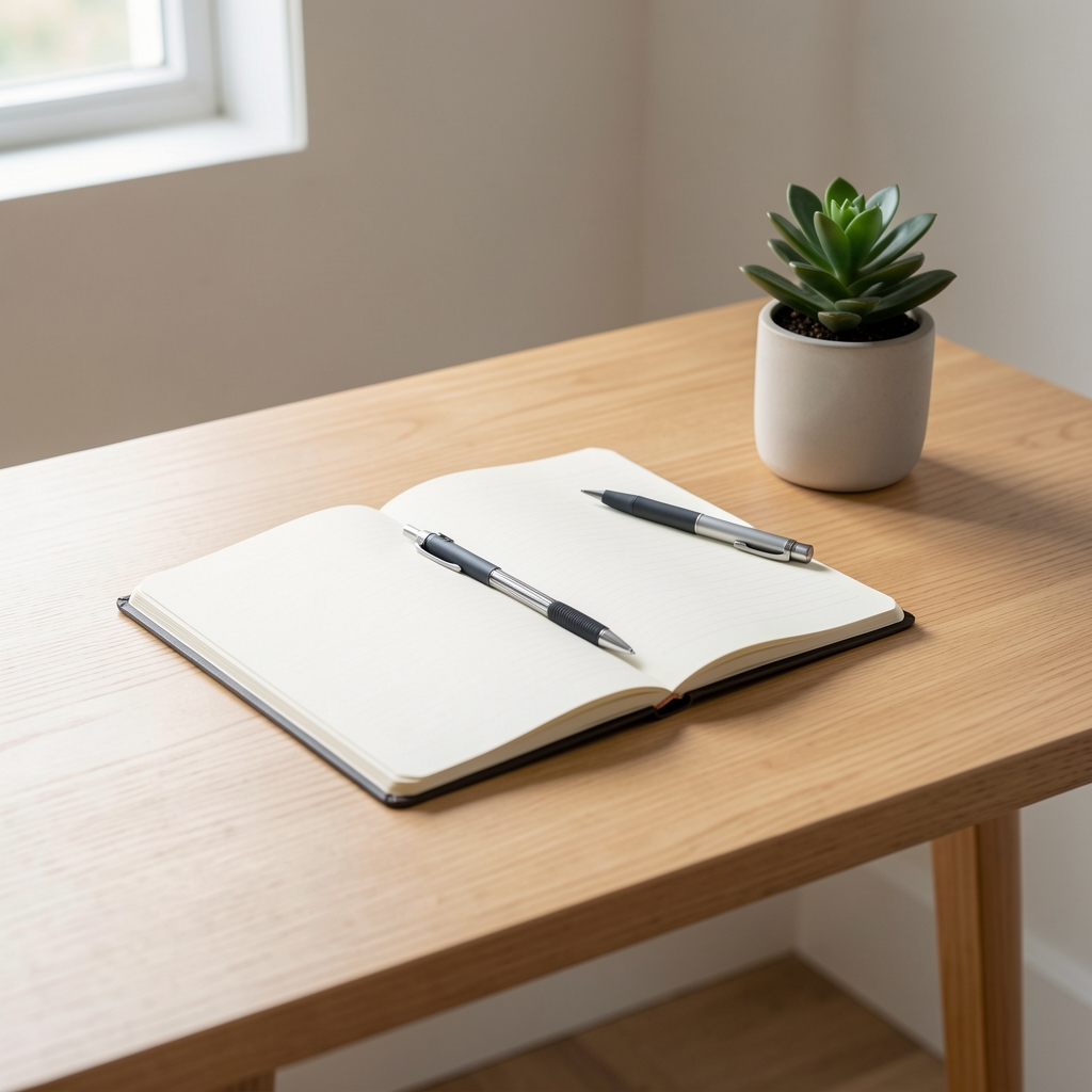 Minimalist workspace with a clean wooden desk, open notebook, mechanical pencil, and a small potted plant in natural light