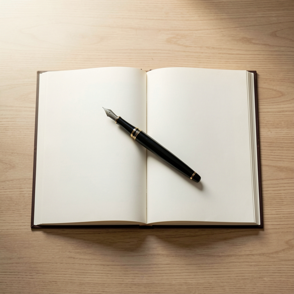 Overhead shot of an open book on a clean wooden surface with a fountain pen resting across the pages and soft diffused window light