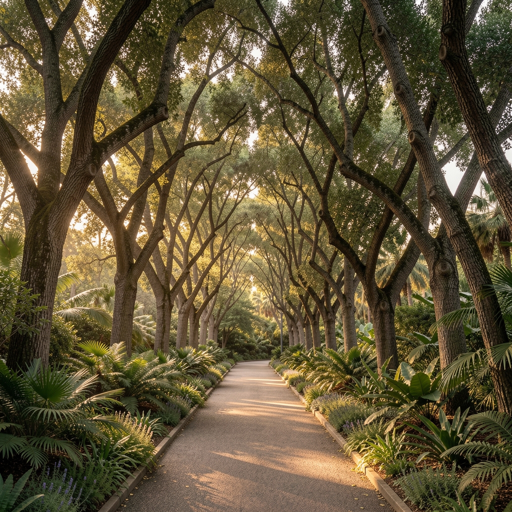 Wide view of a tranquil botanical garden pathway lined with mature trees forming a natural arch overhead in late afternoon light