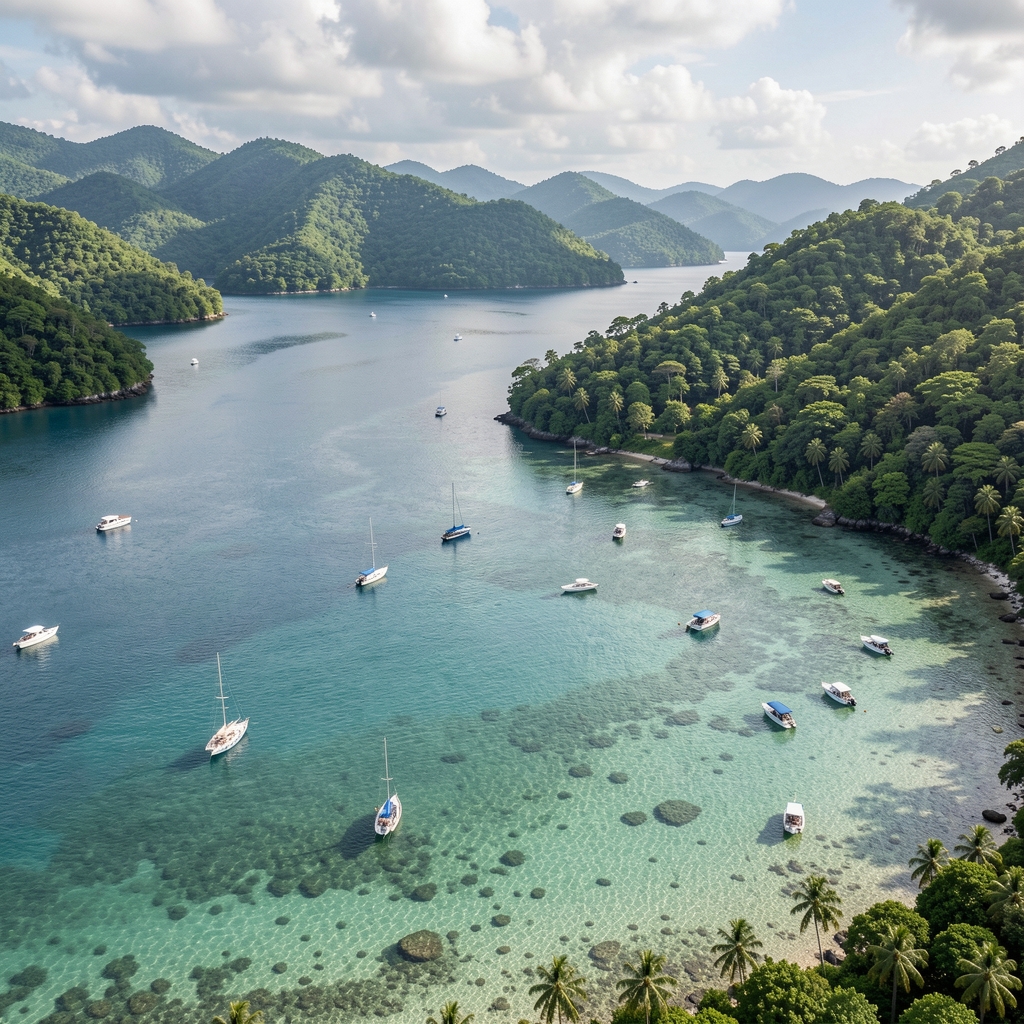 Sweeping aerial view of a calm bay surrounded by tropical green hills with small boats and clear shallow water