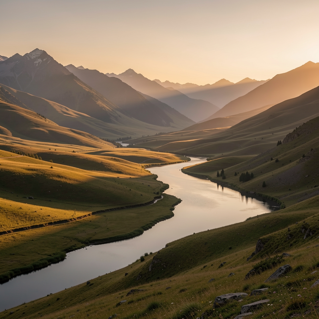 Expansive serene mountain valley at dusk with long shadows across rolling terrain and a calm river reflecting amber light