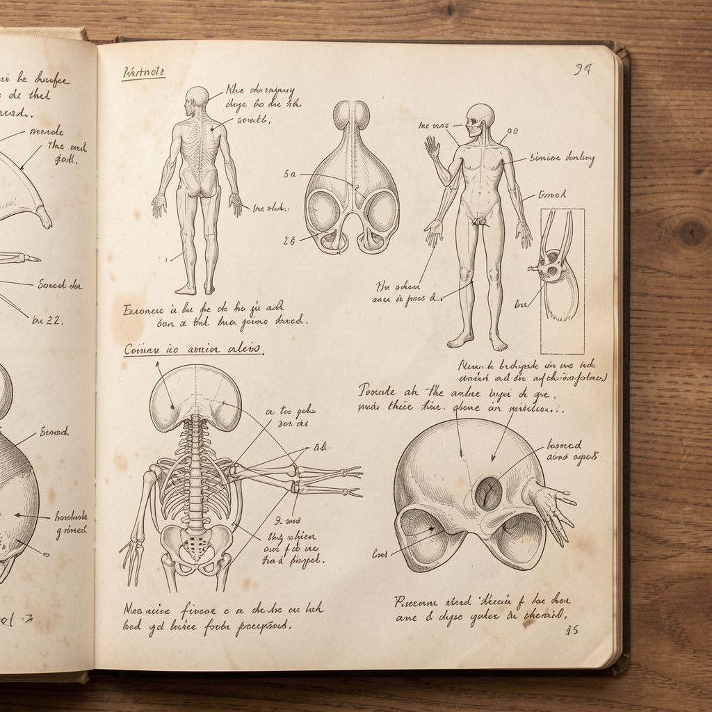 Aged scientific illustration page showing anatomical diagrams with handwritten annotations in faded ink on cream paper