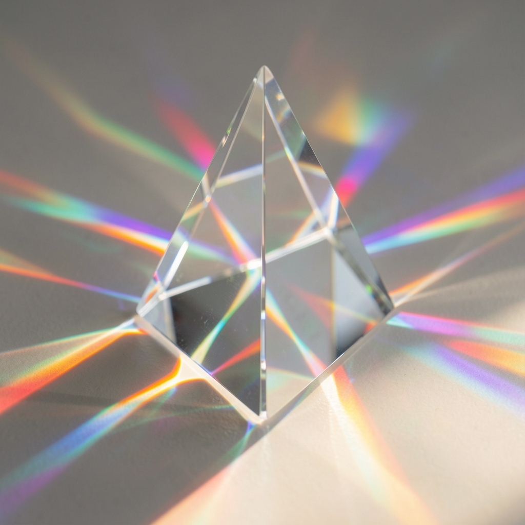 Abstract photograph of fractured light patterns through a glass prism creating overlapping colour spectrums on a neutral surface